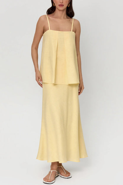 Cardydony Women's Linen Blend Loose Square Neck Camisole Top and Elegant Resort Maxi Skirt Set