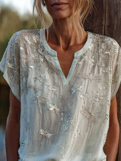 Cardydony Sheer Mesh Sequin Dragonfly Embroidery Sparkle Boho Short Sleeve Top For Women