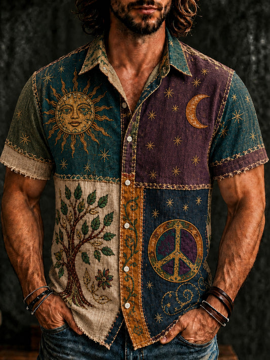 Cardydony Men's Hippie Sun Tree Of Life Patchwork Print Casual Shirt