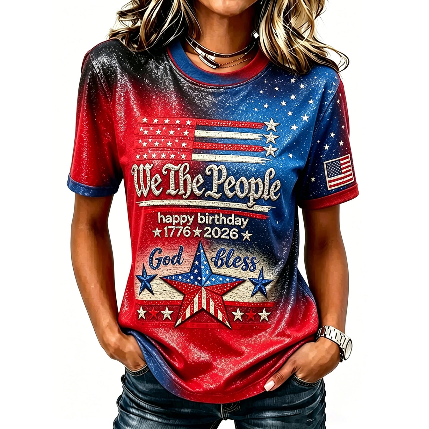 Cardydony Women's Retro Independence Day Anniversary Flag Print T-shirt