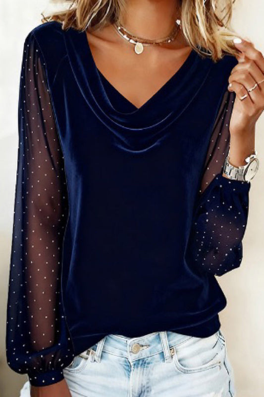 Cardydony Women's Fashionable Velvet Patchwork Mesh Rhinestone Long-sleeved Casual Top