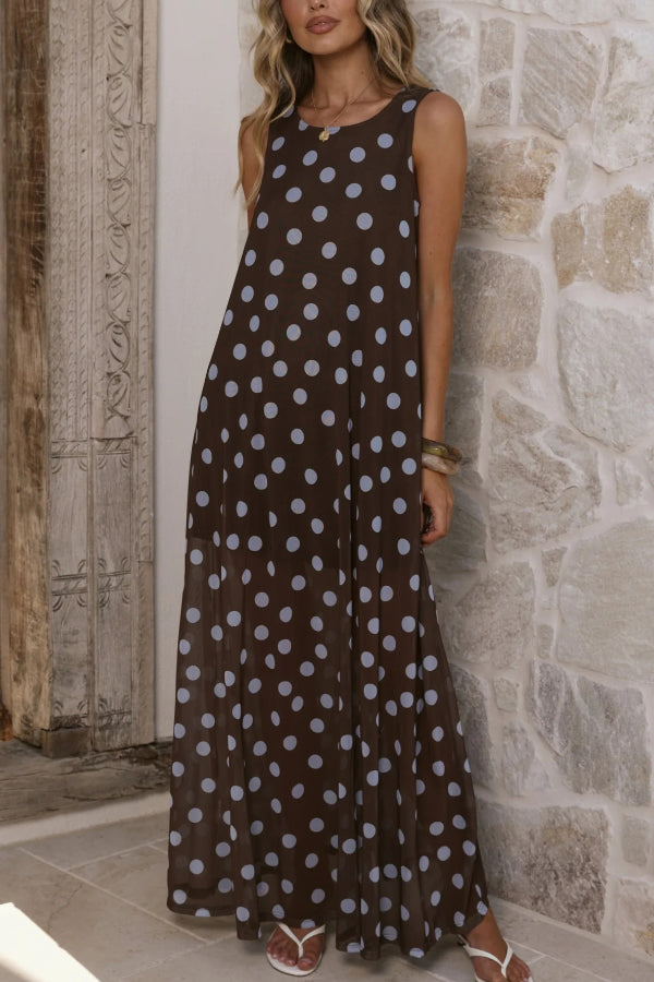 Cardydony Women's  Polka Dot Print Loose Round Neck Sleeveless Mesh Casual Maxi Dress