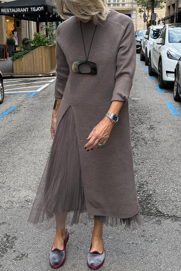 Cardydony Women's Jollie Knit Long Sleeve Front Slit Midi Sweater and Pleated Tulle Stretch Tank Midi Dress Two-piece Set