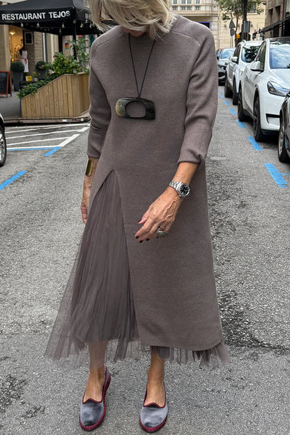 Cardydony Women's Jollie Knit Long Sleeve Front Slit Midi Sweater and Pleated Tulle Stretch Tank Midi Dress Two-piece Set