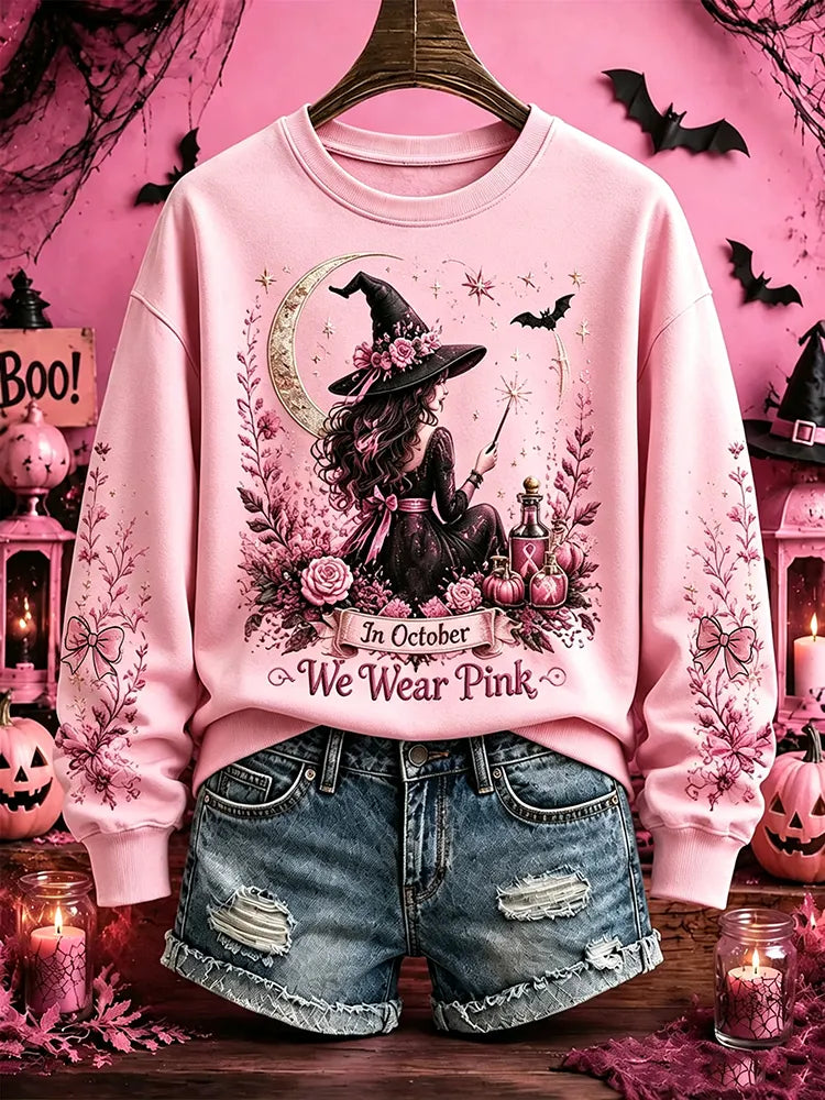 Cardydony Women's Retro Halloween Breast Cancer Awareness Witch We Wear Pink Print Crew Neck Sweatshirt