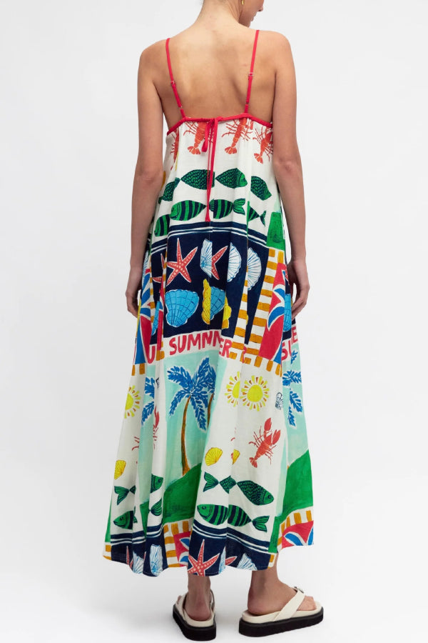 Cardydony Women's Summer-themed Printed Square Neck Sleeveless Pocket Loose Maxi Dress