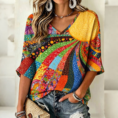 Cardydony Women's Vintage Floral In Gradient Art Print Flowy Linen Blend Three-quarter Sleeve V Neck Linen Tops