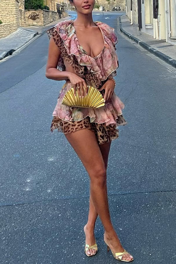 Cardydony Women's Dreamy Island Floral Leopard Print Cutout Waist Tiered Ruffles Mini Dress