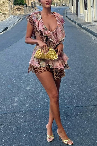 Cardydony Women's Dreamy Island Floral Leopard Print Cutout Waist Tiered Ruffles Mini Dress