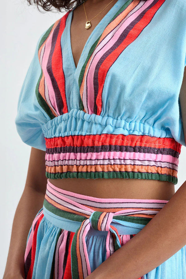 Cardydony Women's Stylish Striped Print V-neck Cropped Top and Elastic Waist Casual Maxi Skirt Set