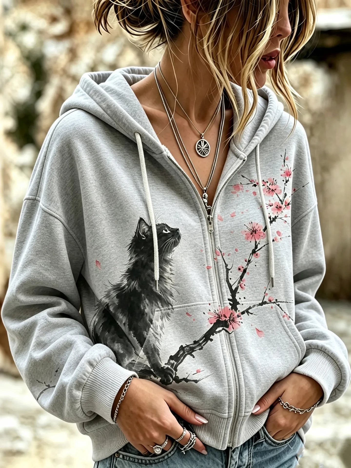 Cardydony Women's Retro Japanese Cherry Blossom And Cute Cat Art Pattern Comfortable Warm Zip-up Hoodie