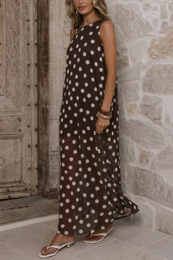 Cardydony Women's  Polka Dot Print Loose Round Neck Sleeveless Mesh Casual Maxi Dress