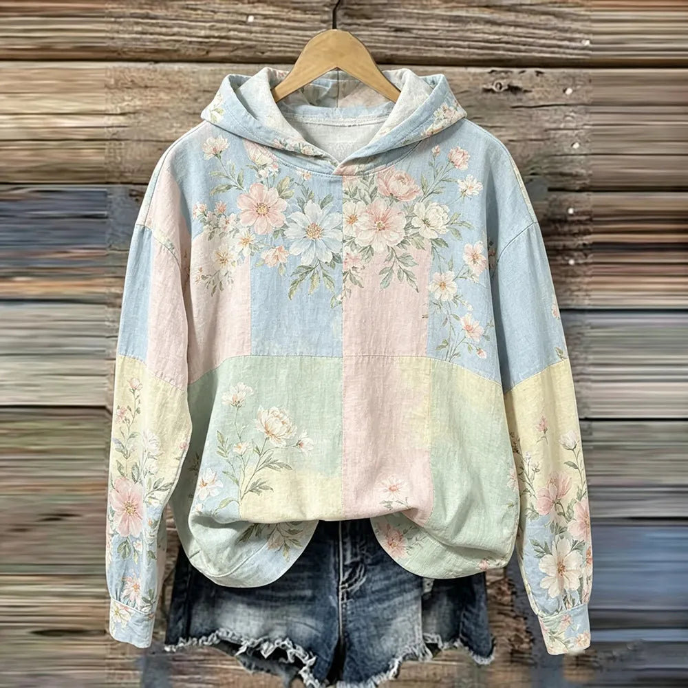 Cardydony Women's Pink Rose And Butterfly Art Print Patchwork Hoodie