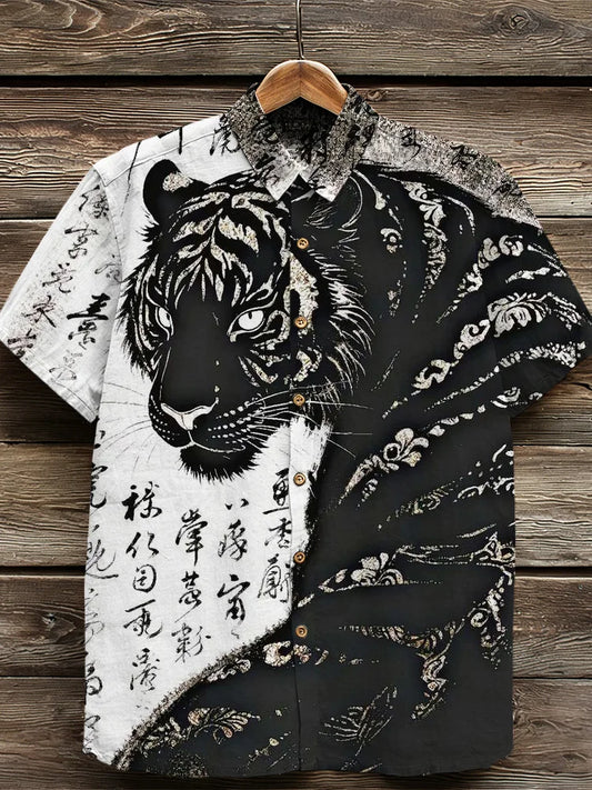 Cardydony Japanese Tiger Calligraphy Art Vintage Linen Shirt