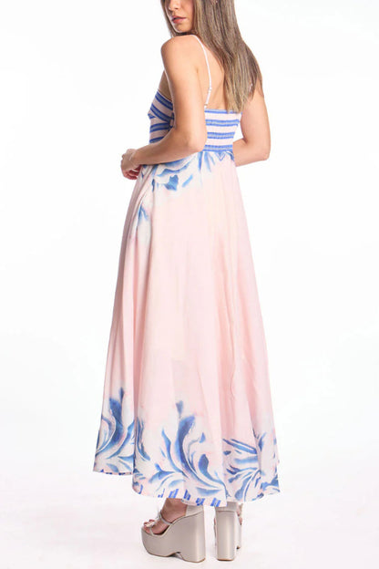 Cardydony Women's Unique Print Square Neck Spaghetti Strap Back Gathered Maxi Dress