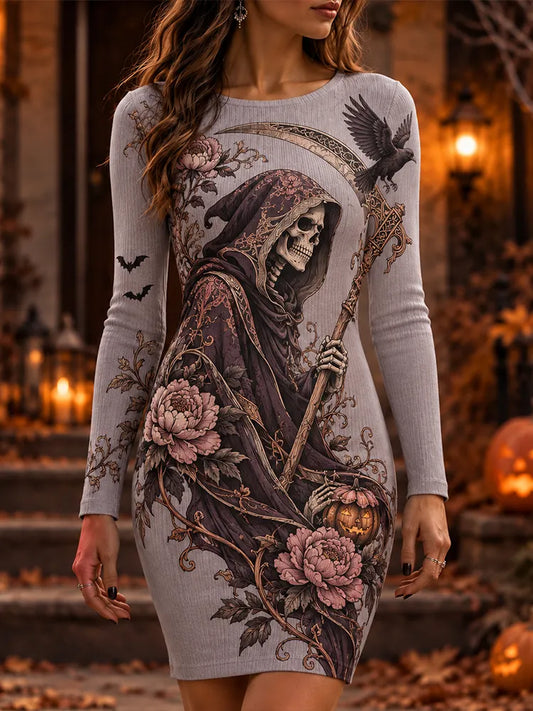 Cardydony Women's Grey Gothic Grim Reaper, Raven, Peony And Pumpkin Print Long Sleeve Bodycon Dress