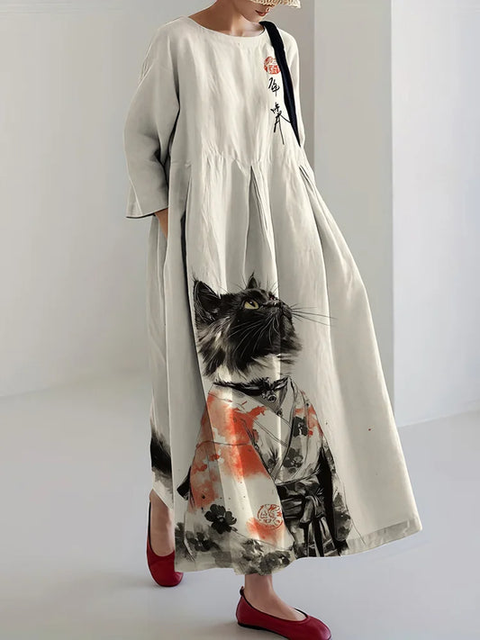 Cardydony Women's Retro Japanese Cat Art Print Midi Dress