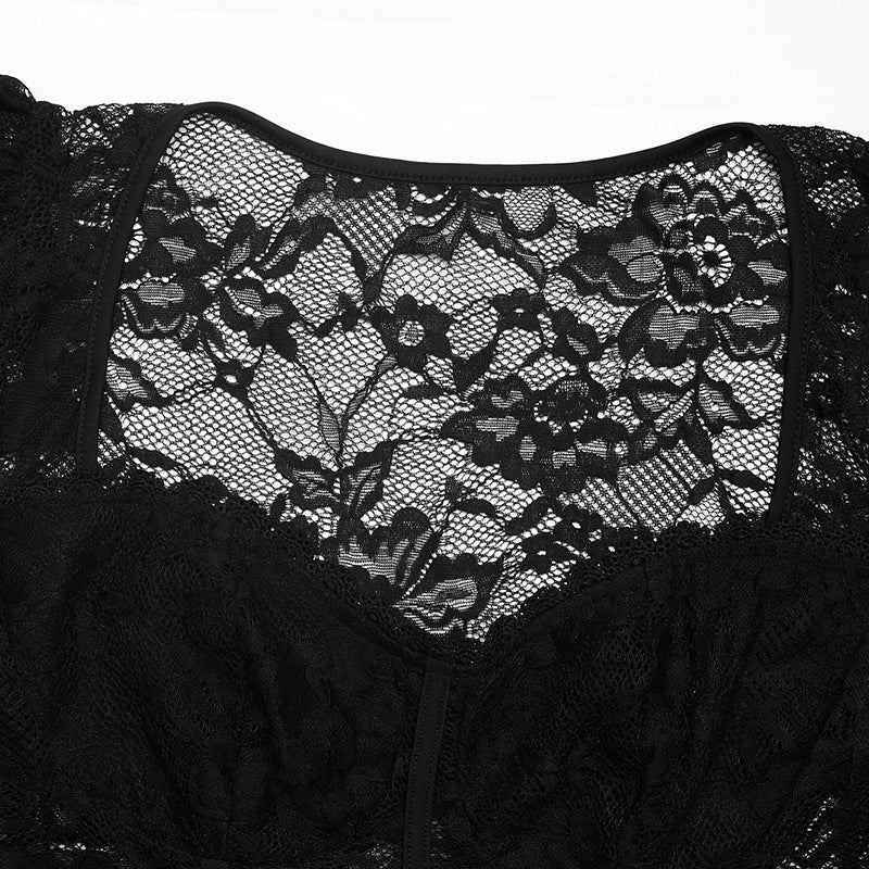 Cardydony Women's Black Lace Bodysuit - Long Sleeve Corset Style with Built-In Cups