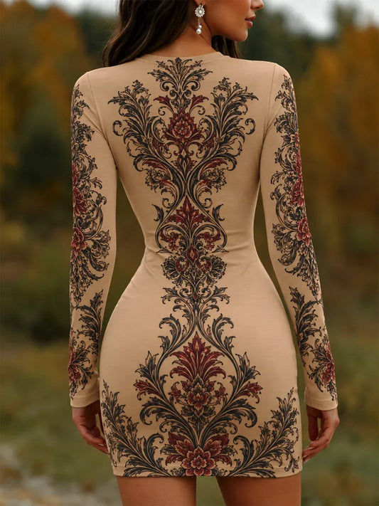 Cardydony Women's Gothic Halloween American Traditional Tattoo Symmetrical Floral Bodycon Dress