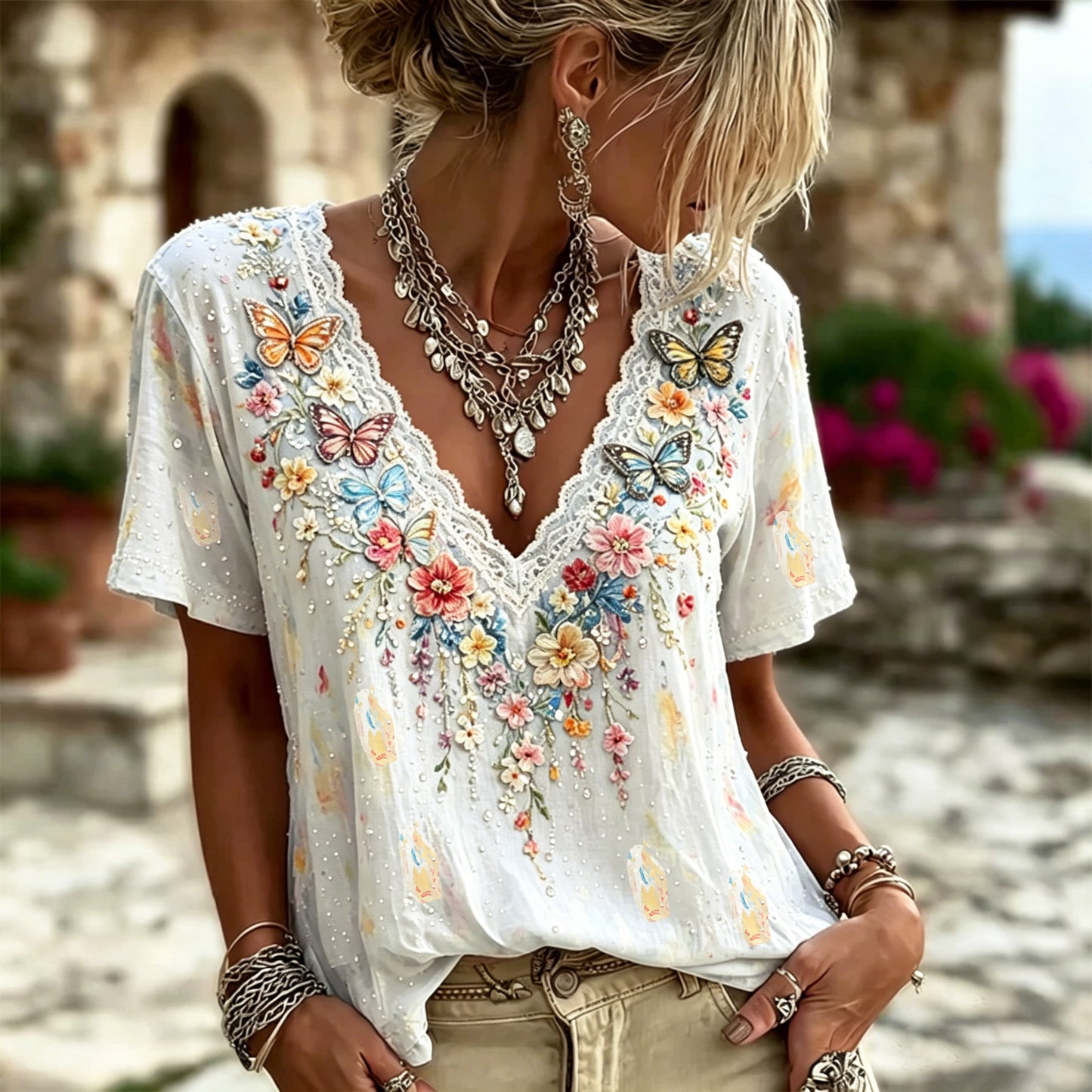 Cardydony Women's Colorful Floral And Butterfly Art Embroidered Linen Blend Lace V-neck Short Sleeve Top