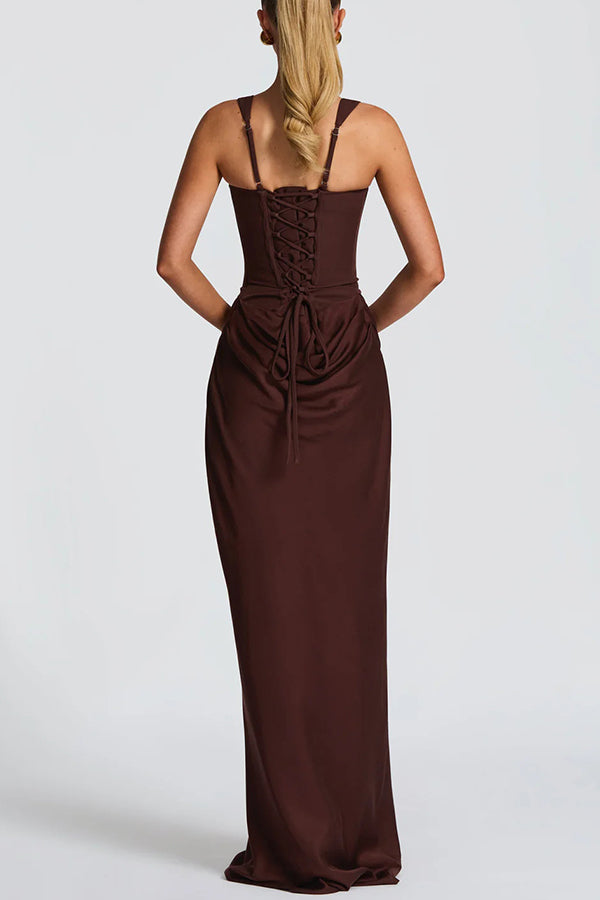 Cardydony Women's Larrah Square Neck Back Lace-up Satin Drape Hem Maxi Dress