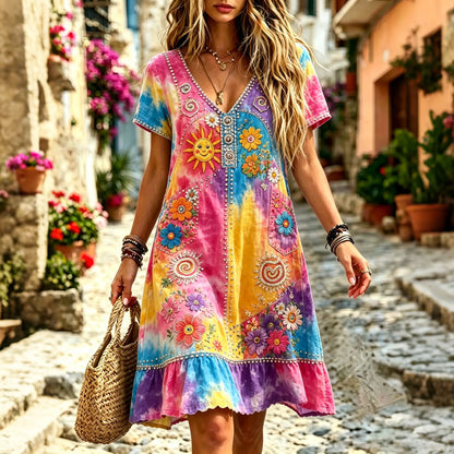 Cardydony Women's Tie-dye Sun, Moon, Stars And Flowers Design Linen Dress