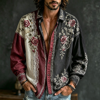 Cardydony Men's Retro Bohemian Style Floral Print Color Block Long-sleeve Shirt