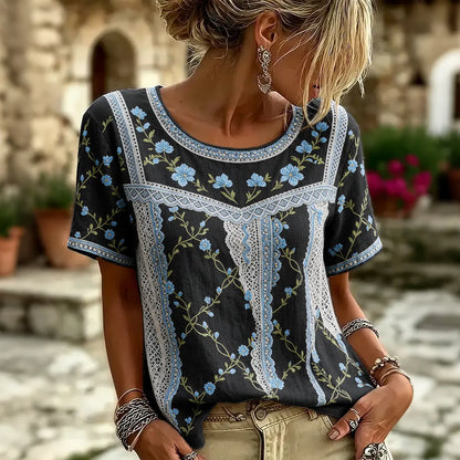 Cardydony Women's Retro Floral Patchwork Print Art Round Neck Linen Blend T-shirt