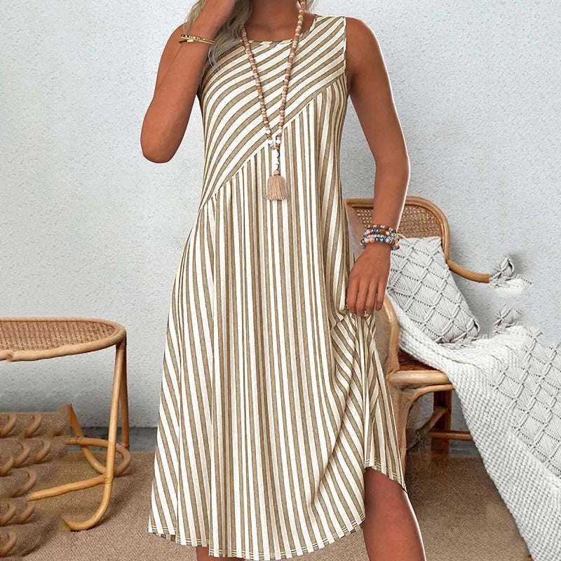 Cardydony Striped Crew Neck Tank Midi Dress
