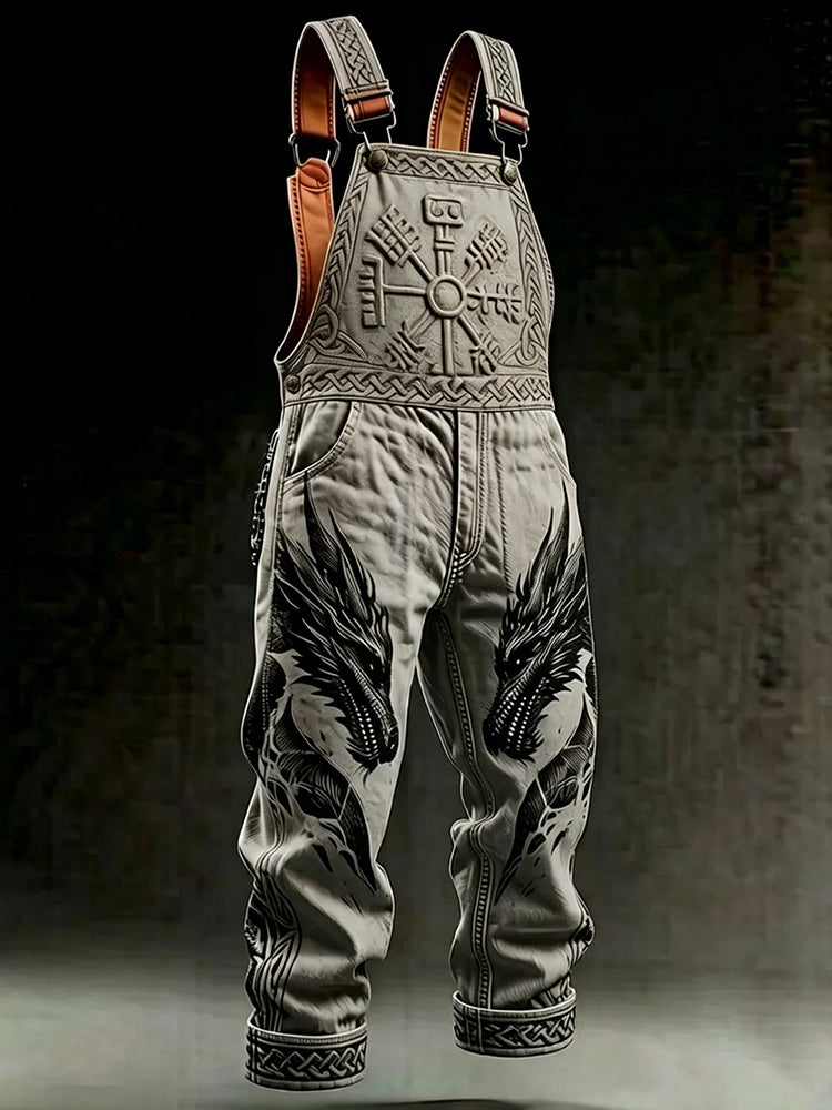 Cardydony Men's Retro Viking Rune And Dragon Print Summer Cotton Linen Casual Overalls