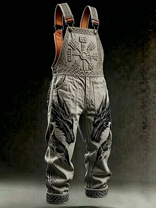 Cardydony Men's Retro Viking Rune And Dragon Print Summer Cotton Linen Casual Overalls