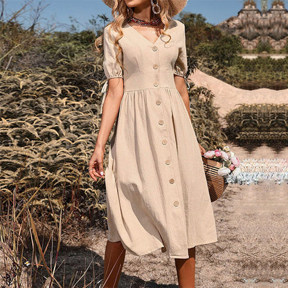 Cardydony Women's Elegant Buttoned Midi Dress with Tie Sleeve Detail - Summer Ready
