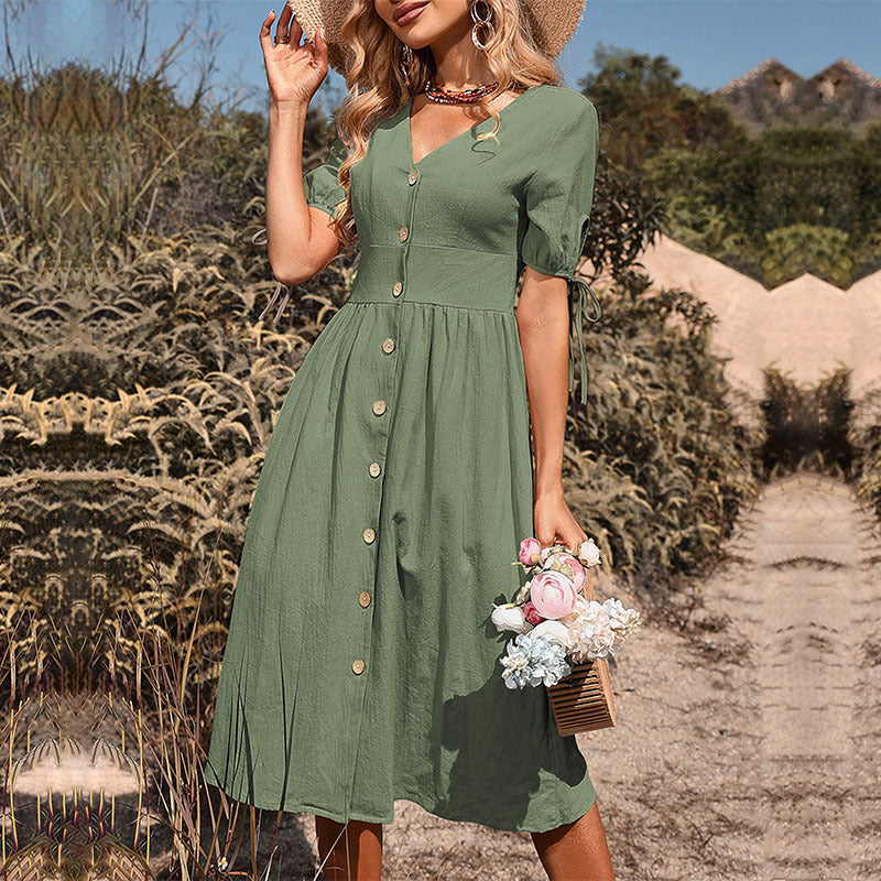 Cardydony Women's Elegant Buttoned Midi Dress with Tie Sleeve Detail - Summer Ready
