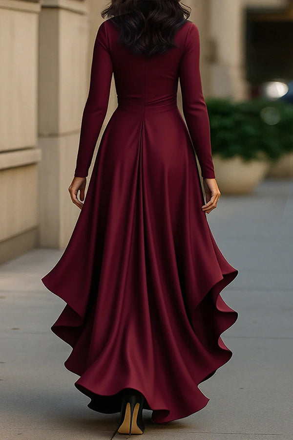 Cardydony Women's Solid Color Satin V-neck Long-sleeved Elegant Ruffled Maxi Dress