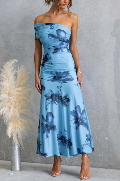 Cardydony Women's Floral Print Elegant Mesh Off-shoulder Fitted Maxi Dress