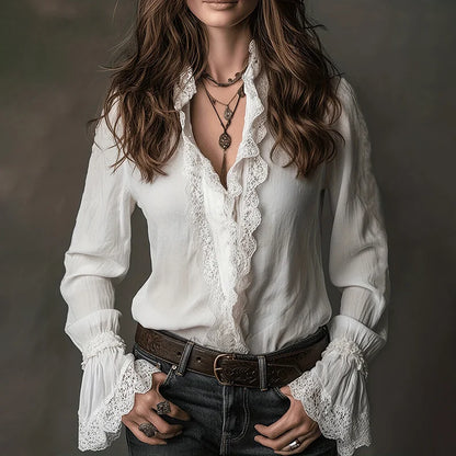 Cardydony Women's Retro Lace Cotton And Linen Long-sleeved Shirt