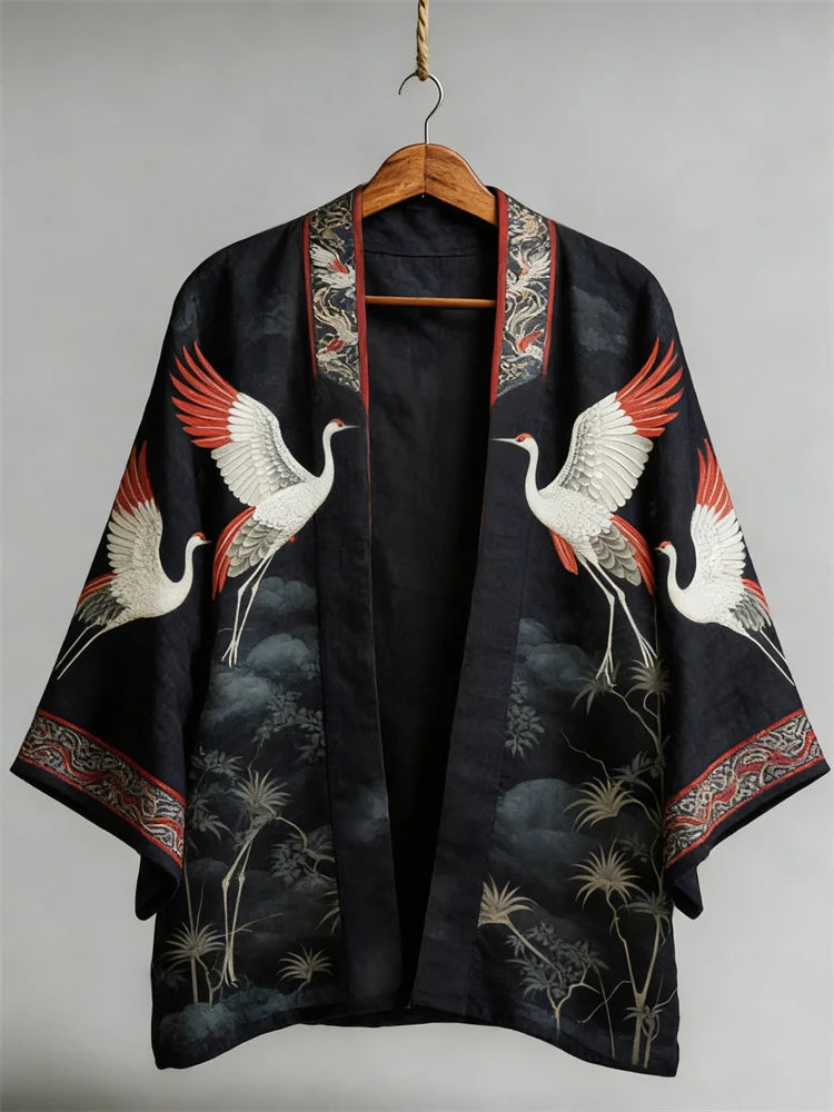 Cardydony Japanese Classy Cranes & Pine Trees Art Linen Kimono