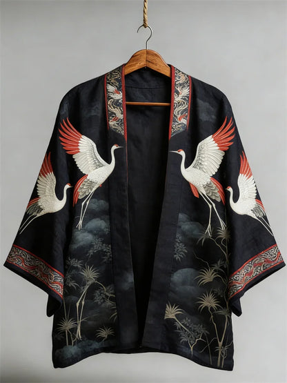 Cardydony Japanese Classy Cranes & Pine Trees Art Linen Kimono