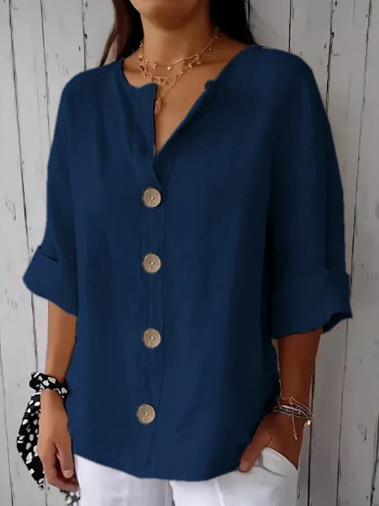Cardydony Solid Color Linen Blend Button Casual Shirt