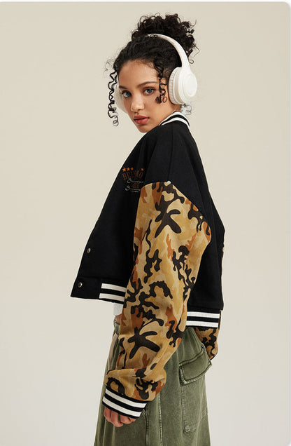 Cardydony Women's Cropped Varsity Jacket | Camo Sleeve Street Style