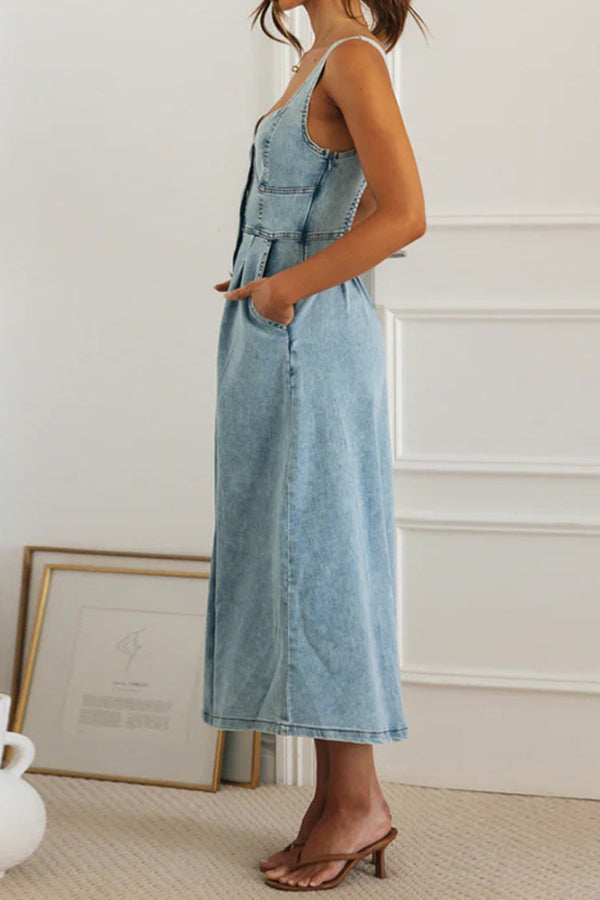 Cardydony Women's Stylish Single-breasted Fitted Waist Gathered Back Denim Maxi Dress