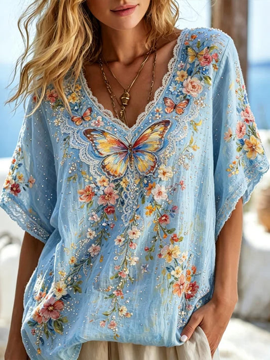 Cardydony Vintage Colorful Floral And Butterfly Art Embroidered Linen Blend Lace V-neck Short Sleeve Top