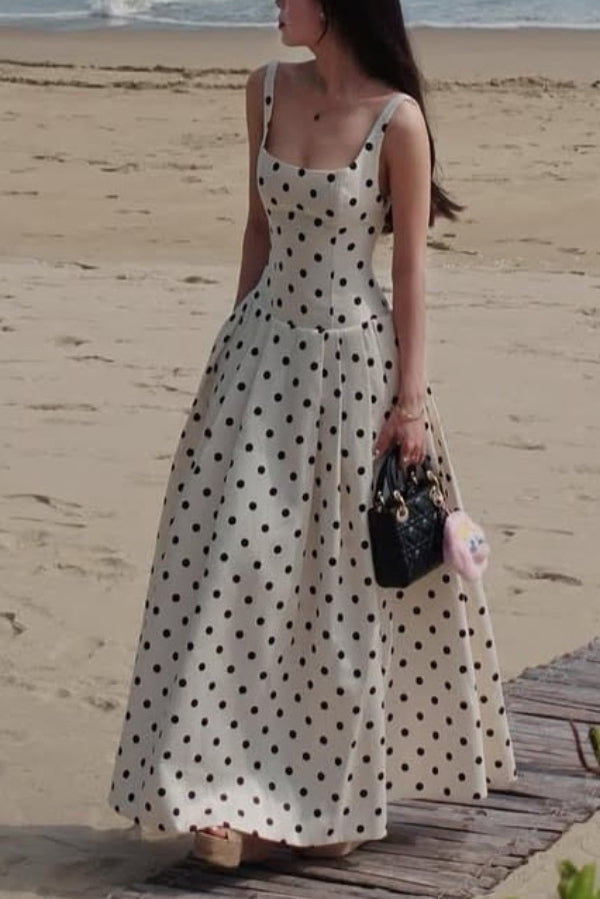 Cardydony Women's Polka Dot Print Square Neck Sleeveless Holiday Maxi Dress