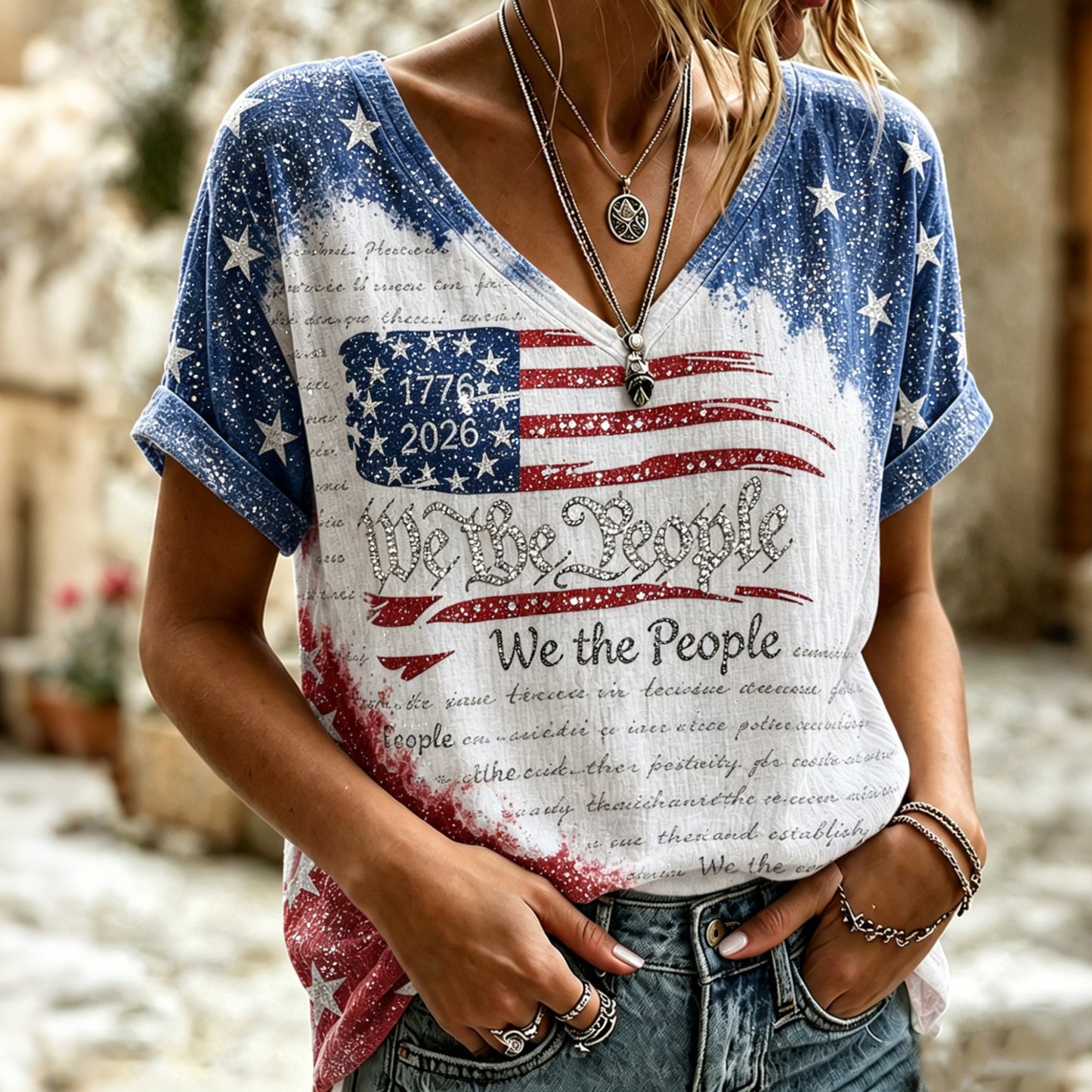 Cardydony Women's Independence Day We The People Casual V-neck T-shirt
