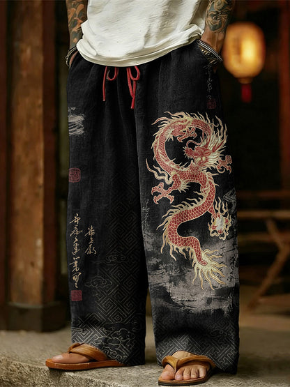 Cardydony Men's Retro Dragon With Calligraphy Art Linen Pants