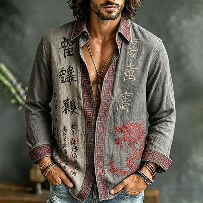Cardydony Men's Retro Japanese Calligraphy And Dragon Art Pattern Casual Linen Blend Shirt