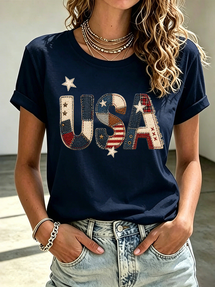 Cardydony Women's Independence Day Letter Patch Embroidery Short Sleeve Casual T-shirt