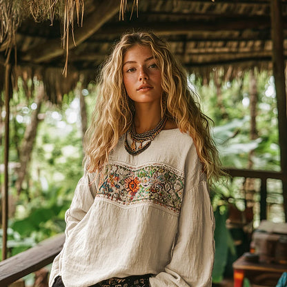 Cardydony Retro Bohemian Art Embroidery Print Cotton And Linen Blend Loose Blouse