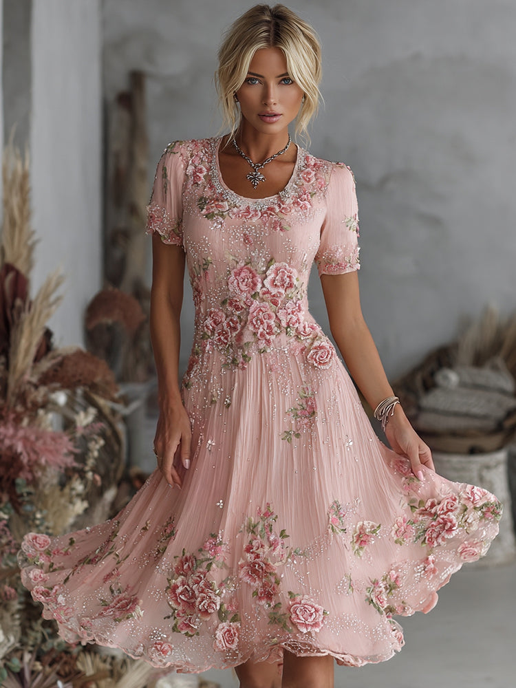 Cardydony Women's Vintage Floral Art Pattern Crew Neck Short Sleeve Linen Maxi Dress