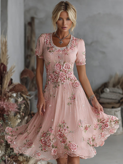 Cardydony Women's Vintage Floral Art Pattern Crew Neck Short Sleeve Linen Maxi Dress